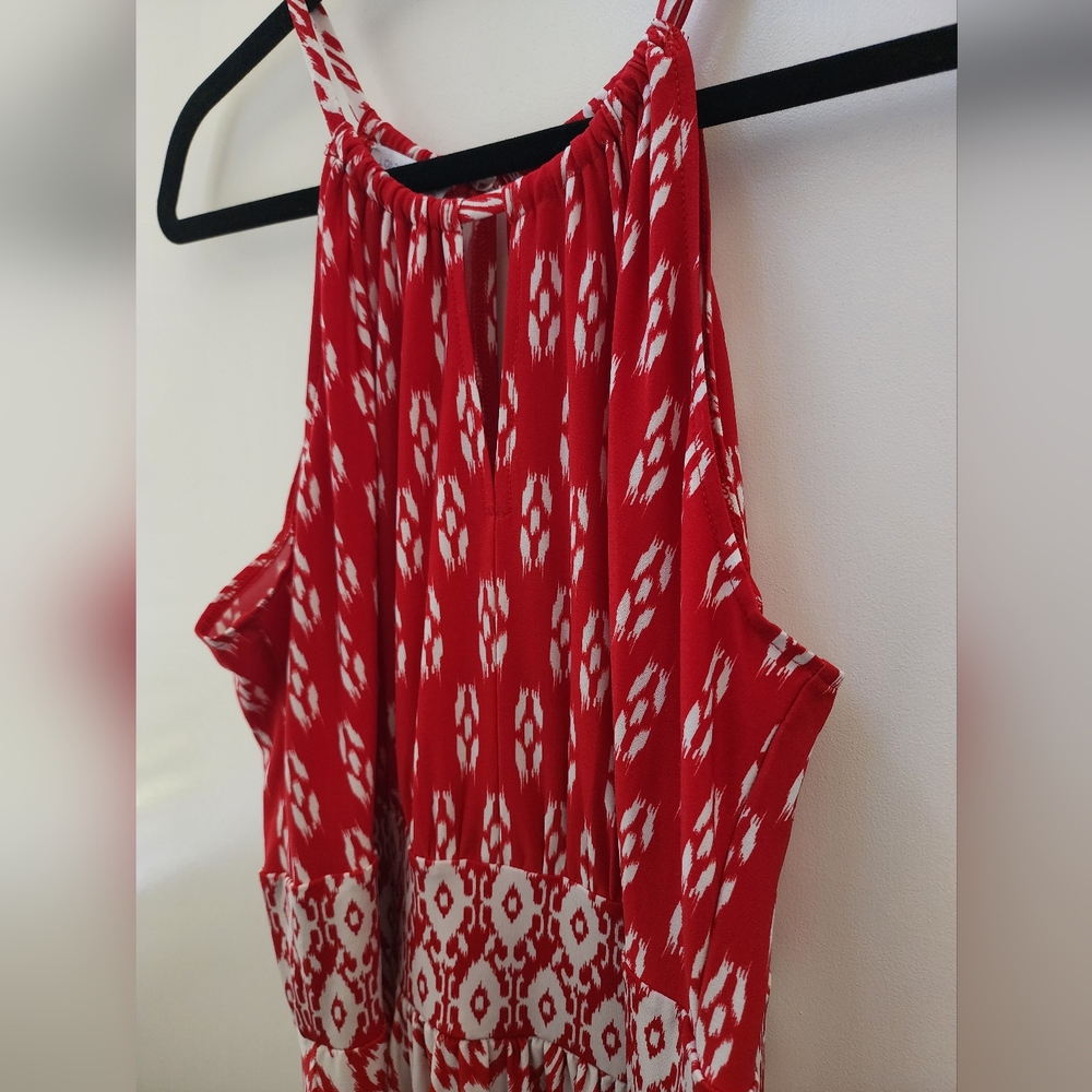 London Times Maxi Sleeveless Halter Dress Double Keyhole Fun Print 14 Stretchy